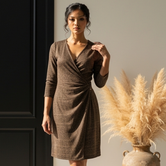 Anne Klein Dresses & Skirts - Calvin Klein Faux Wrap Sheath Dress In Brown And Black Size 4